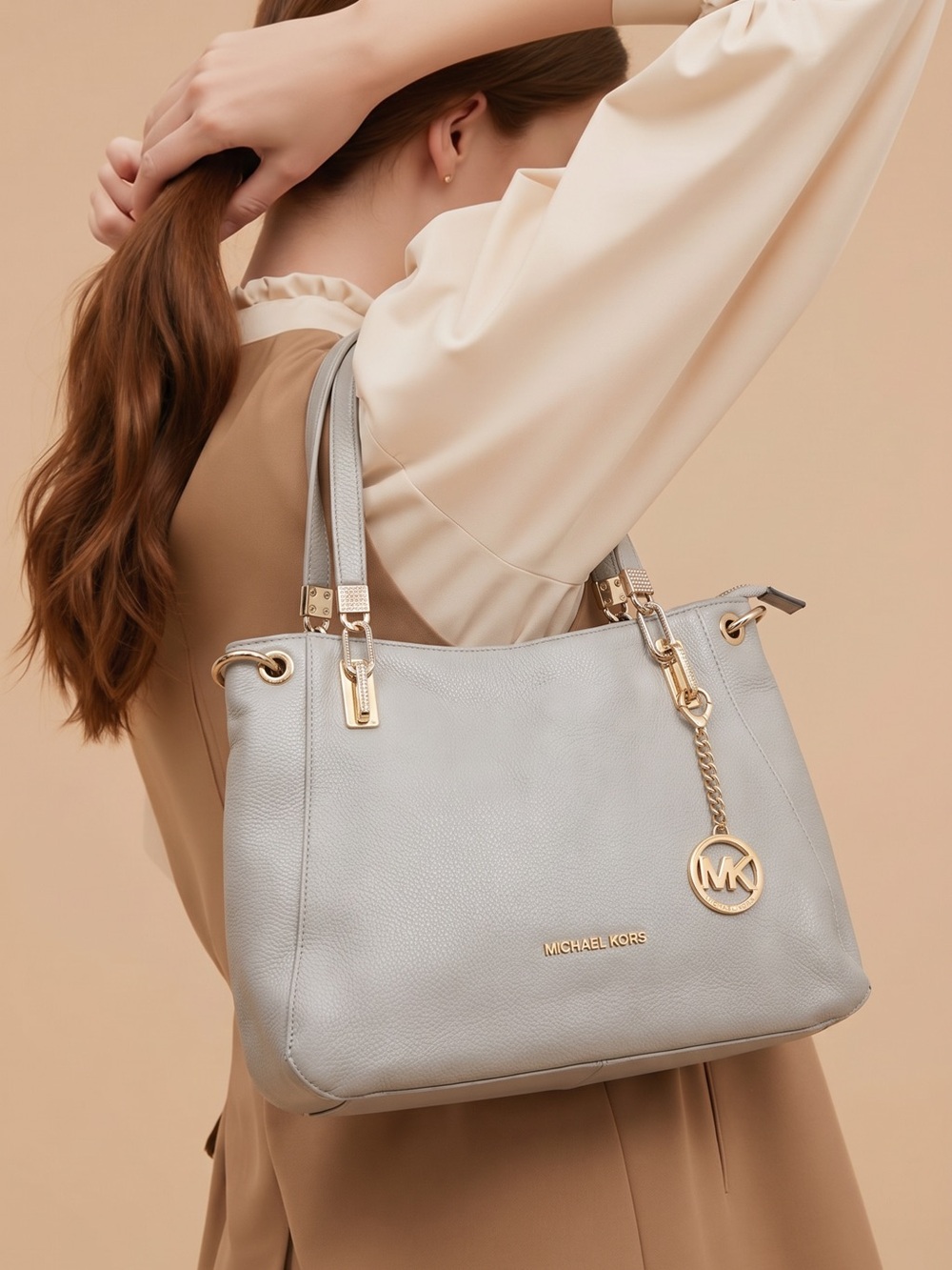 MK Michael Kors women’s medium pebbled faux leather Cream shoulderTote Bag